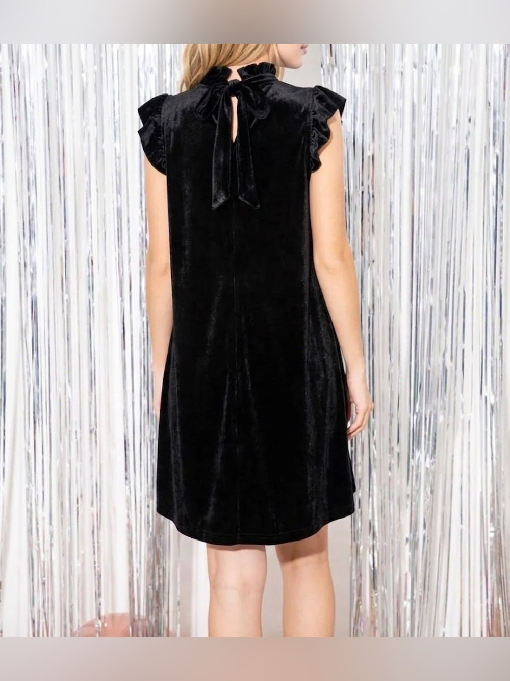 Voy Black Vegan Suede Wila Ruffle Sleeve Shift Dress with Tie-Back Boe Closure S - Picture 2 of 5